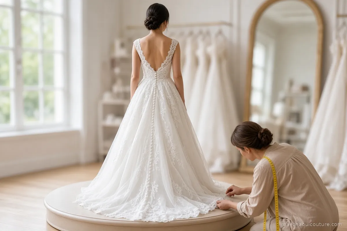 Essayage d'une robe de mariée en dentelle à dos nu en boutique : la mariée, vue de dos sur une estrade, pendant qu'une couturière agenouillée épingle l'ourlet